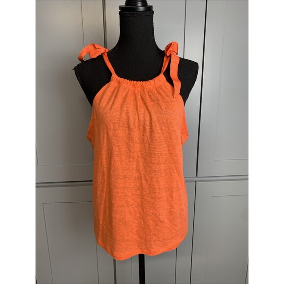 J Crew Tank Top Bow-tie Women Medium 100% Linen Ruched Neckline Ties At Shoulder - Picture 1 of 10